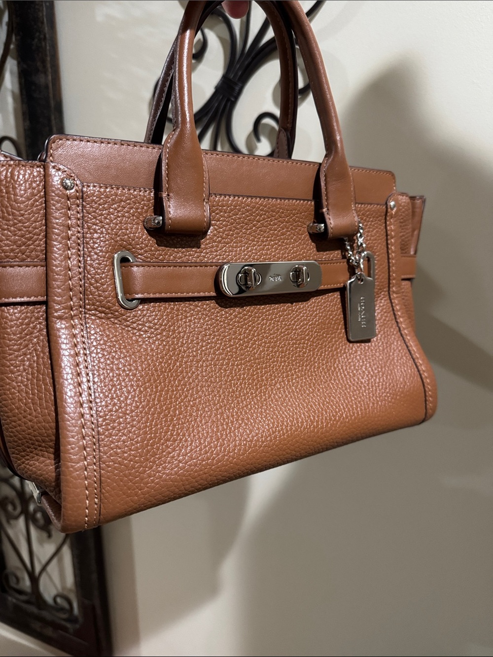 Coach Swagger Whiskey Brown Pebbled Leather Satchel with Silver Hardware